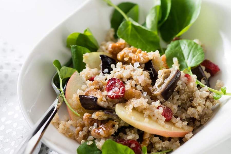 Quinoa, Apple Salad and Roasted Eggplant with Cumin Vinaigrette