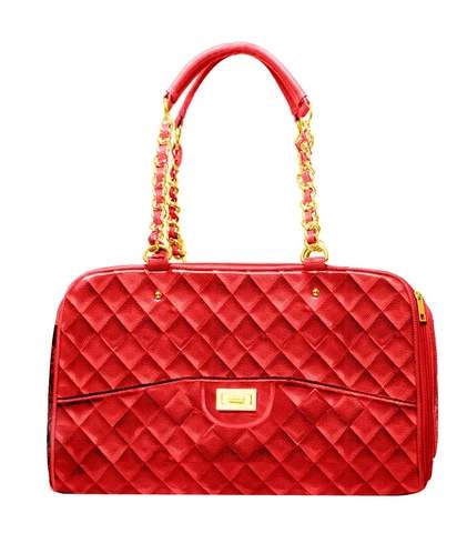 red Chanel-inspired designer pet carrier