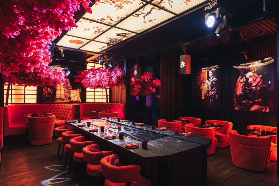 red and black dining area